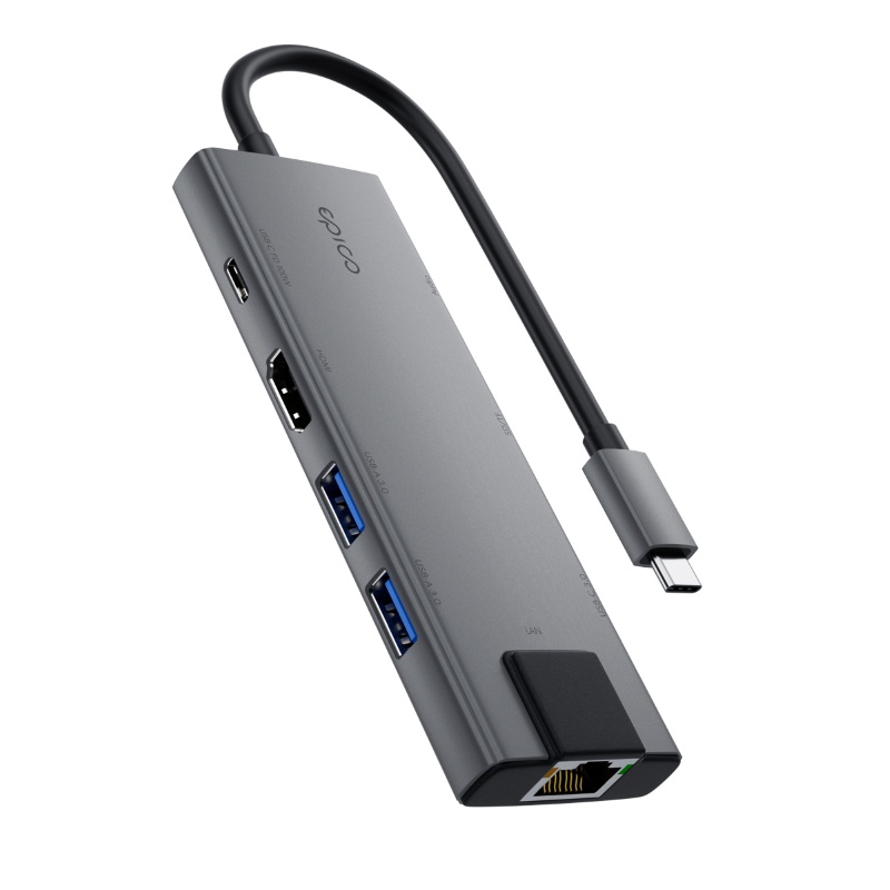 Epico UltraHub 8in1 Slim Alu USB-C Hub EH30 | 100W USB-C PD, 2× USB-A, HDMI, SD/Micro SD Card Slot, Ethernet Port | Black