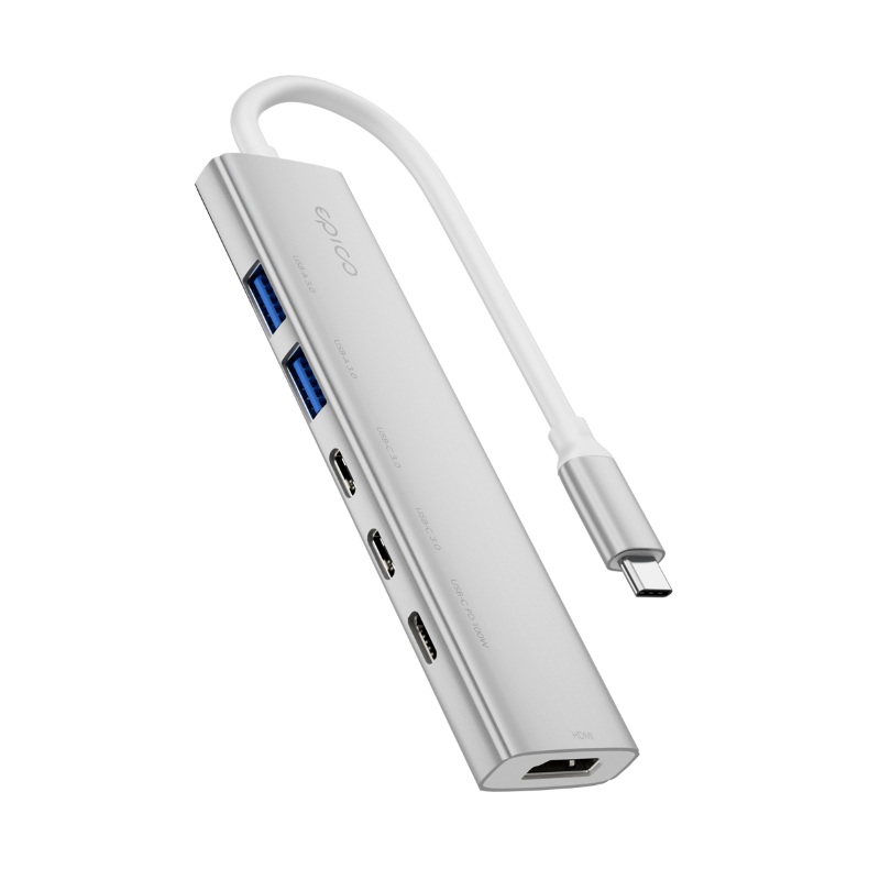 Epico UltraHub 5in1 Slim Alu USB-C Hub EH20 | 100W USB-C PD, 2× USB-A, 2× USB-C, HDMI | Silver